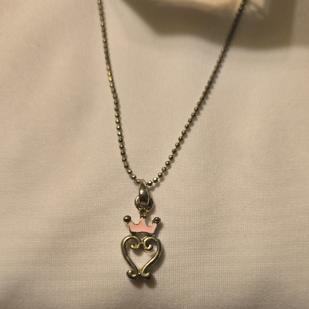 Cookie Lee Silver Tone Heart Necklace with Pink Crown